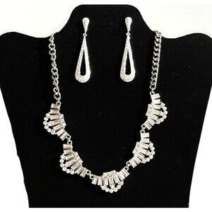 Silver Scalloped Rhinestone Necklace Teardrop Earrings Formal Prom Bridal Set